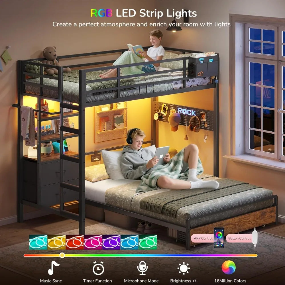 Metal Bunk Bed With Storage Drawers Bookshelf LED Lights Charging Dock