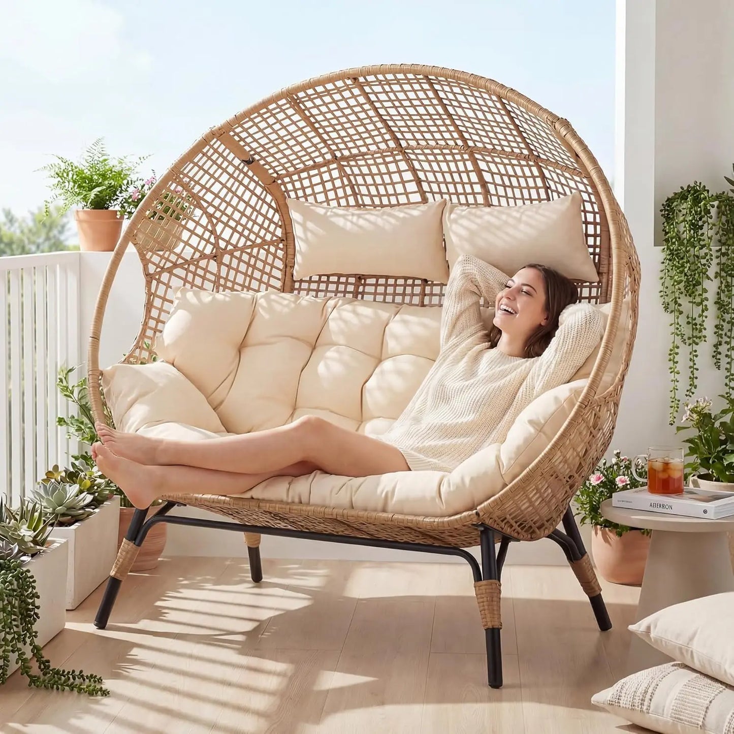 Wicker Rattan Cushioned Loveseat For Patio Garden Indoor Use