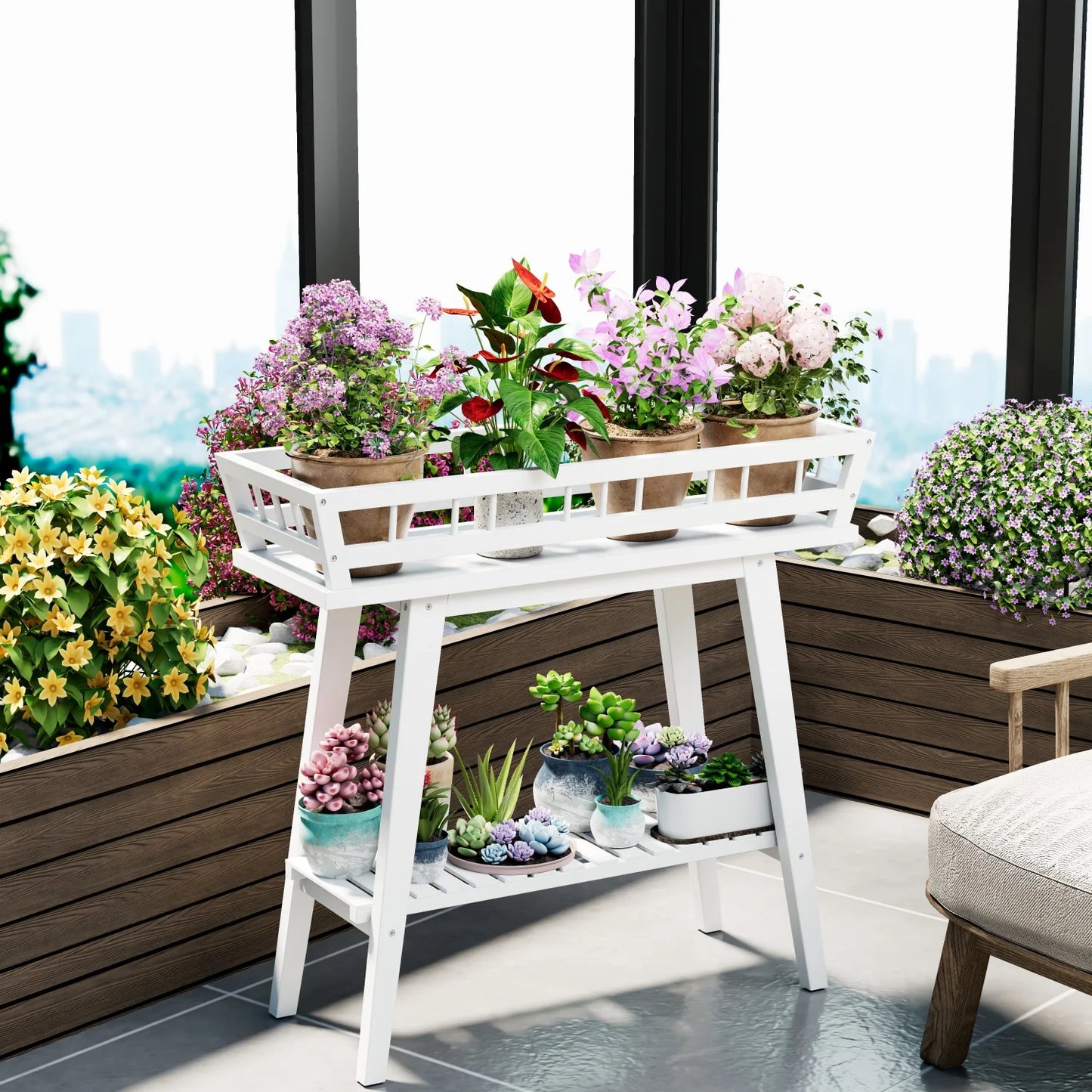 Bamboo Plant Stand Two Tier Garden Shelf For Balcony