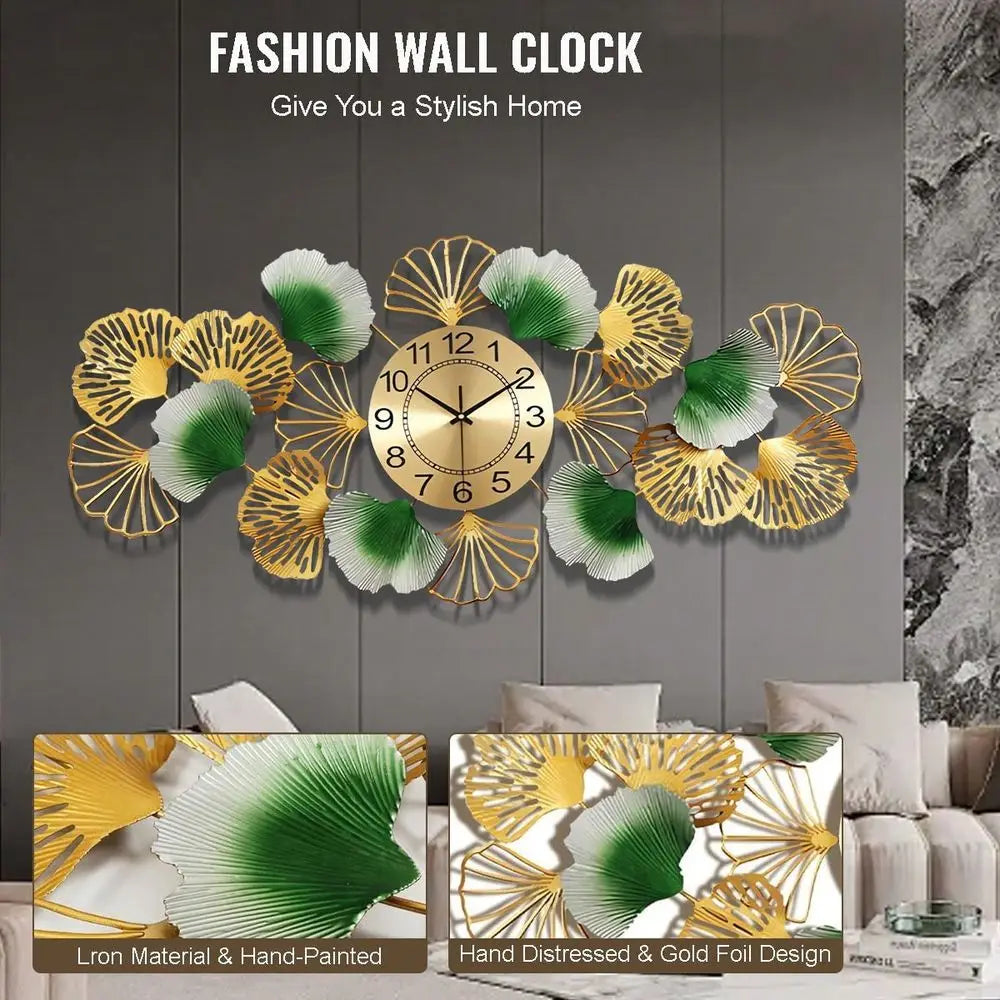 Ginkgo Leaf Silent Wall Clock 3D Metal Design Home Office