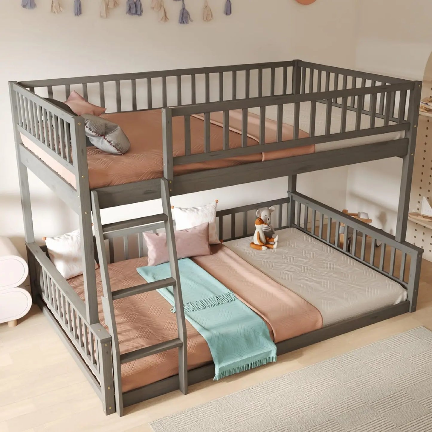 Floor Bunk Bed For Kids With Sturdy Ladder And Guardrail