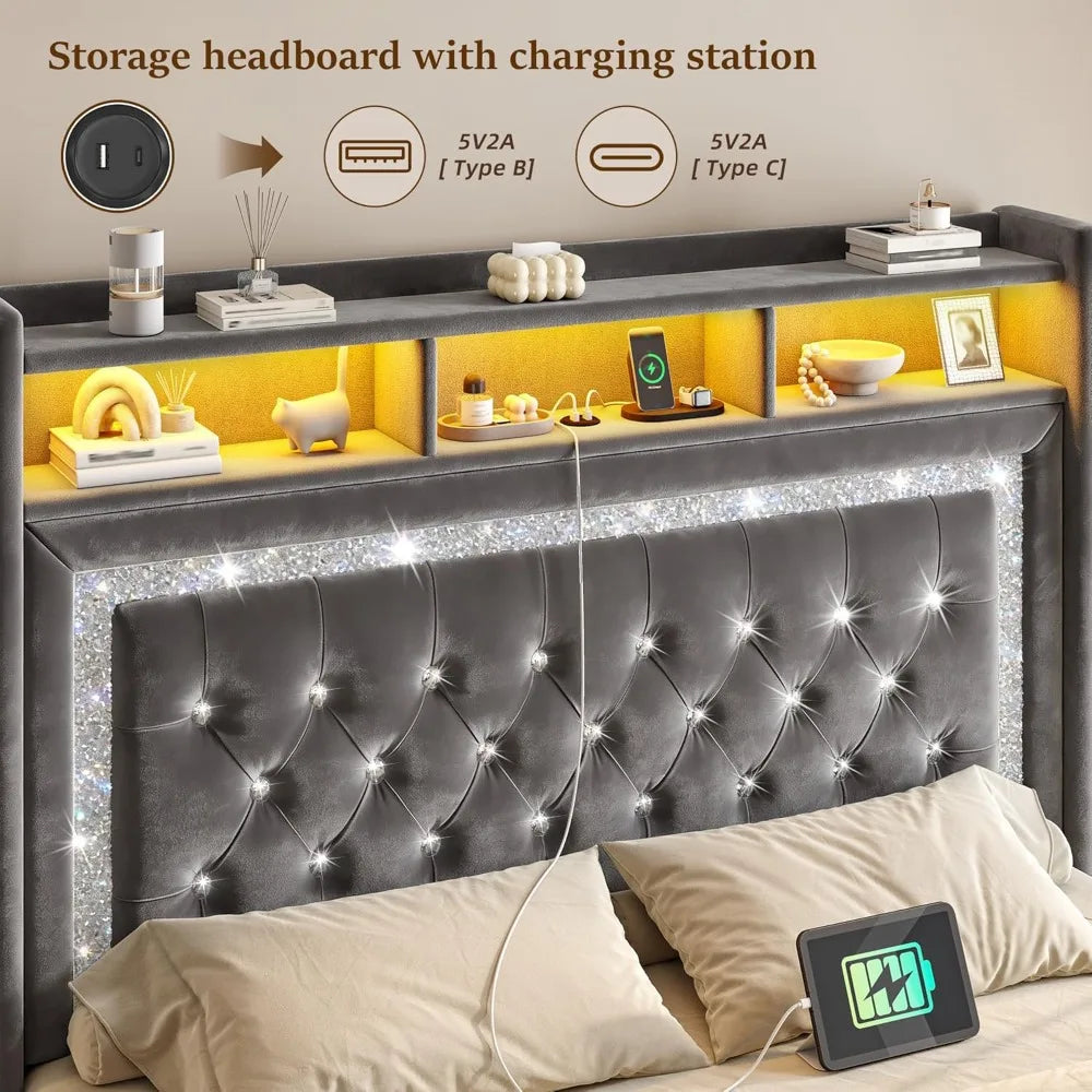 General Use Floating Bed Frame With LED Lights Charging Station