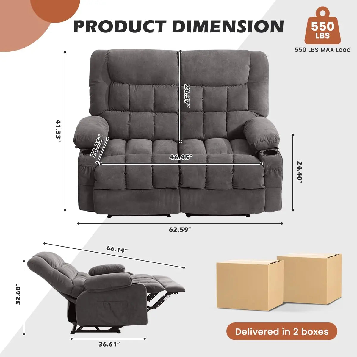Guangbai Recliner Loveseat With Cup Holders Ergonomic Manual
