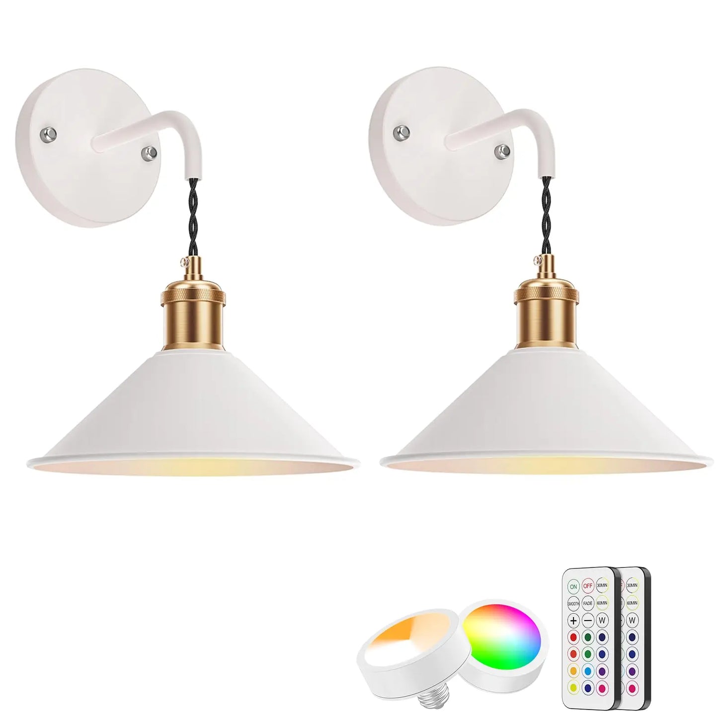 PRTILOUD 2-Pack Battery Operated Wall Sconces With Remote Dimmable RGB