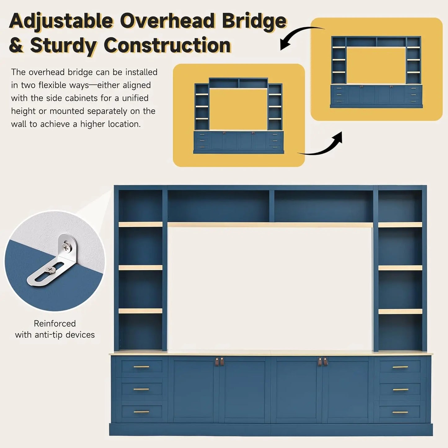 Farmhouse Entertainment Center Wall Unit With Bookshelves And Drawers