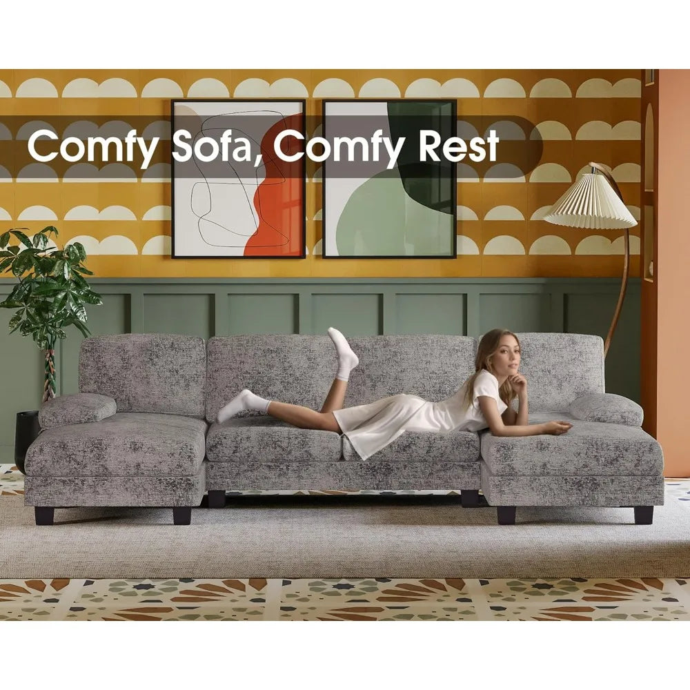 Combination U Shaped Sectional Sofa Linen Fabric Chaise 4 Seat