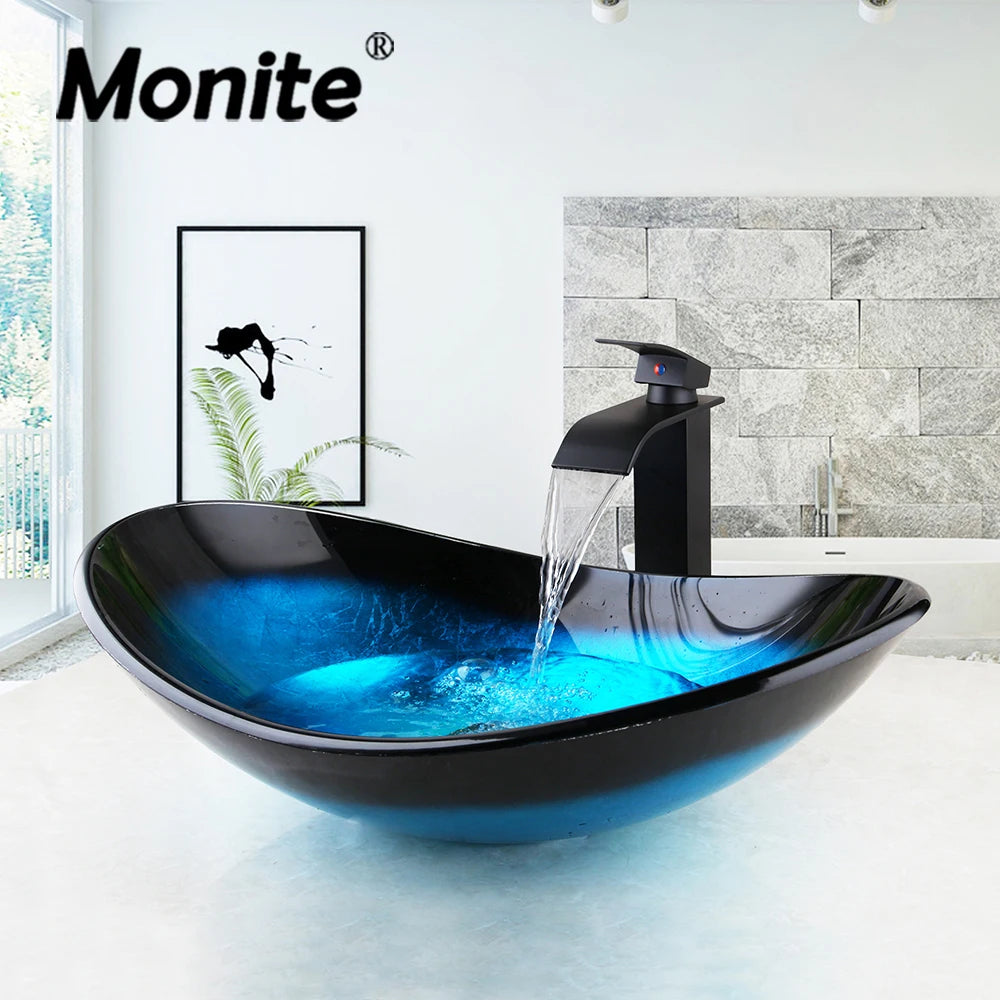 YANKSMART Monite Tempered Glass Bathroom Sink Set Oval Above Counter