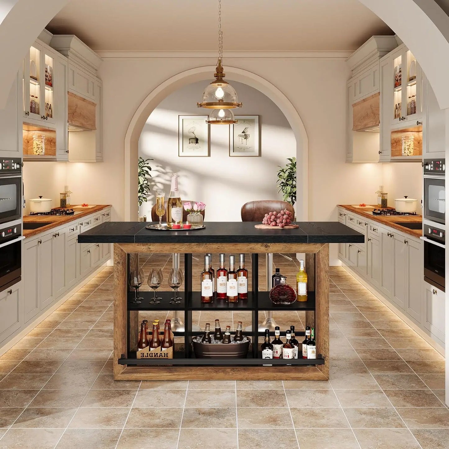 Counter Height Kitchen Island Table With Storage Cubbies And Footrest