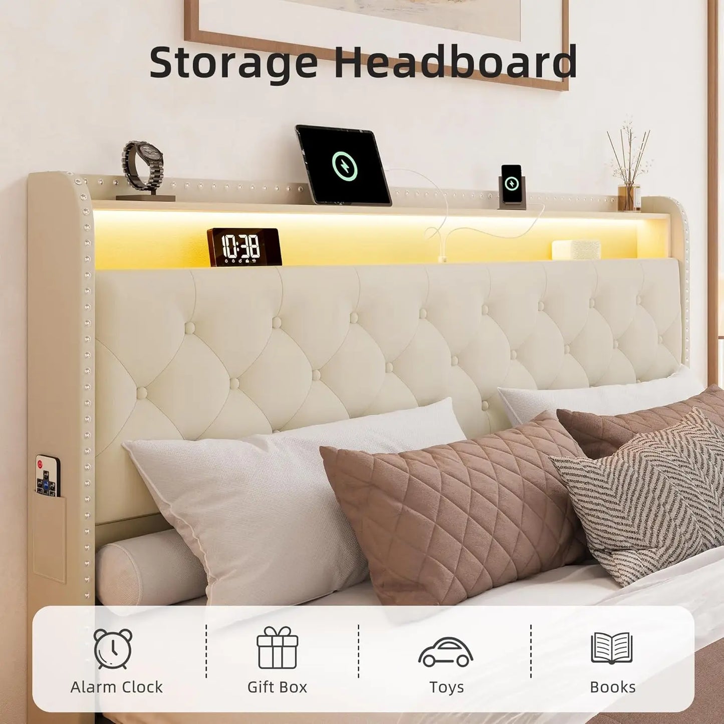 Velvet Bed Frame With LED Lighting And Storage Drawers
