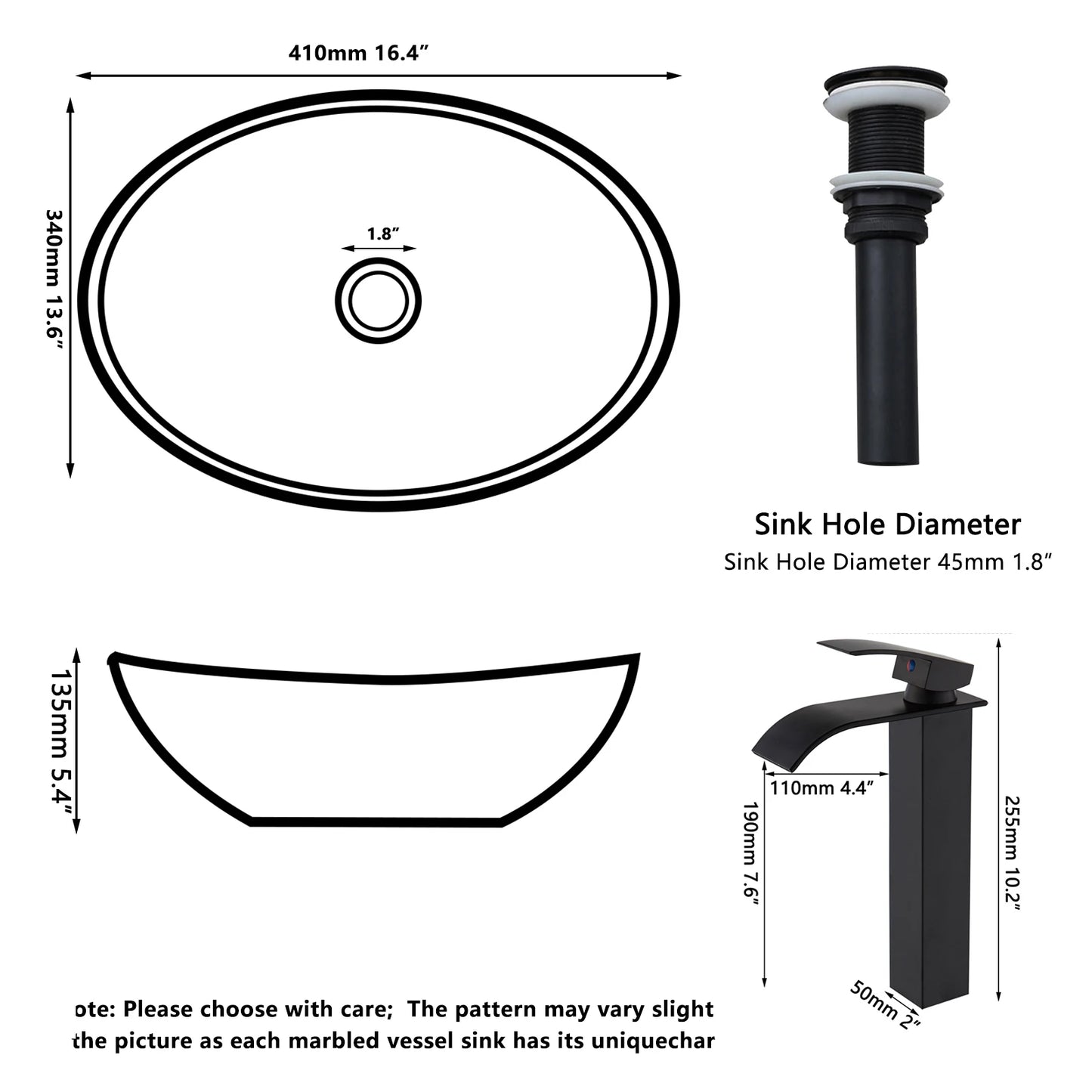 YANKSMART Ceramic Vessel Sink Oval Above Counter With Faucet Drain