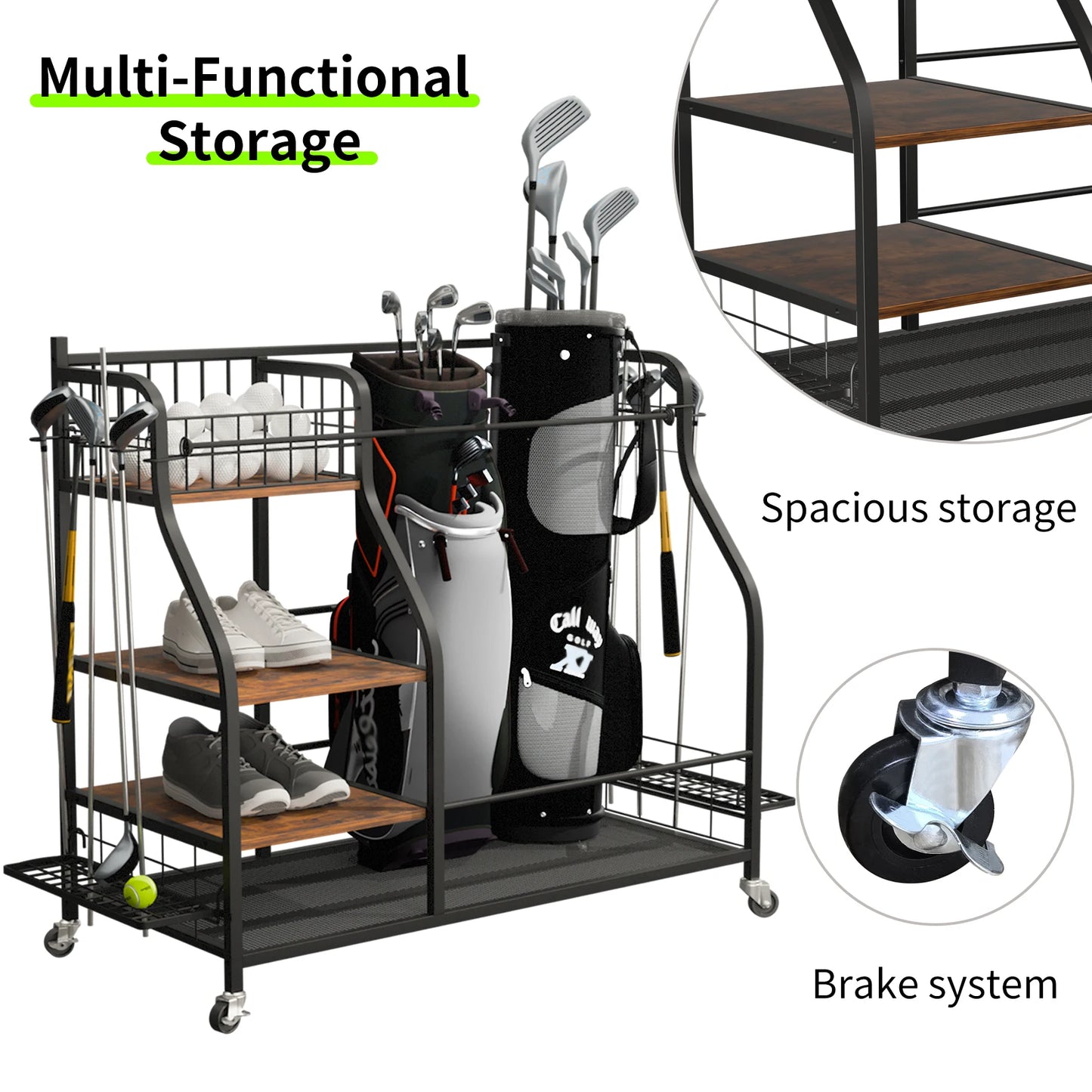 Rolling Golf Bag Storage Rack With Wheels Metal Organizer