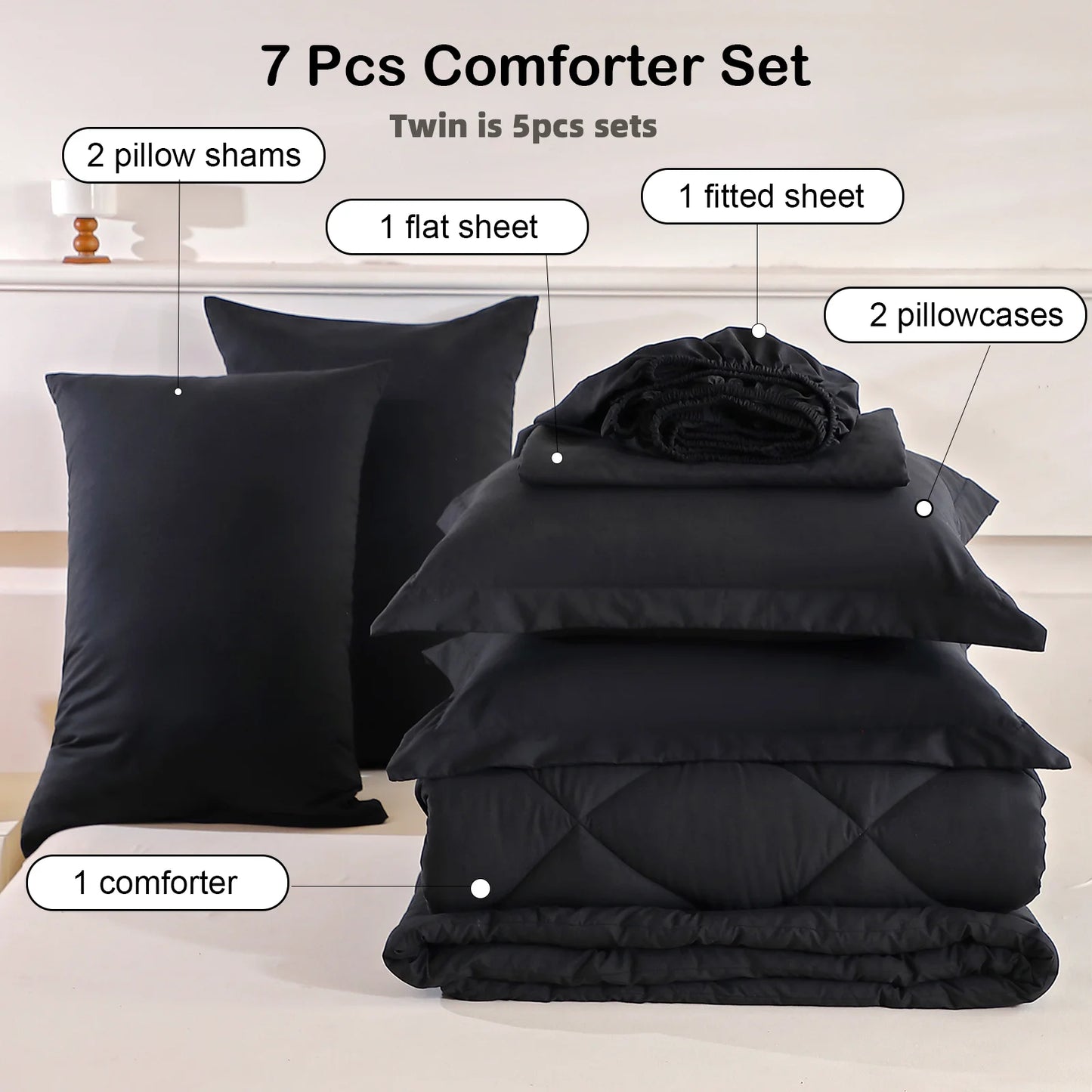 EasYum 7 Piece Bedding Set With Comforter Flat Fitted Sheets