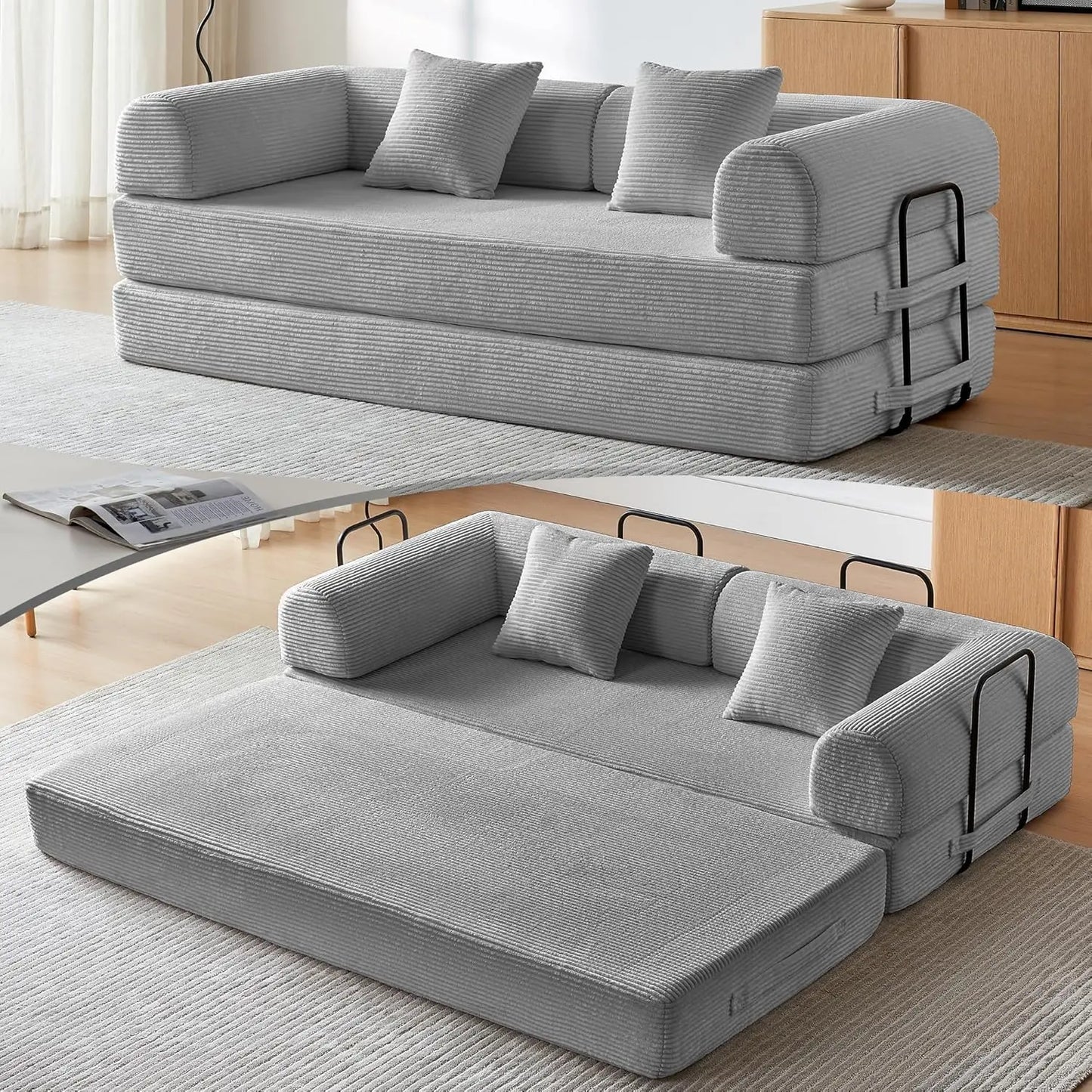 OIMG Corduroy Sleeper Sofa Bed With Fixed Frame And Mattress