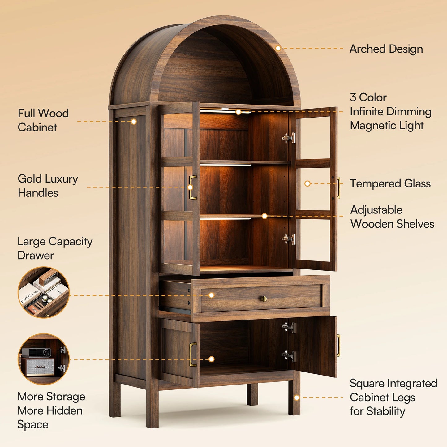Furgle Arched Wood Storage Cabinet With Adjustable Shelves Dimmable Lights