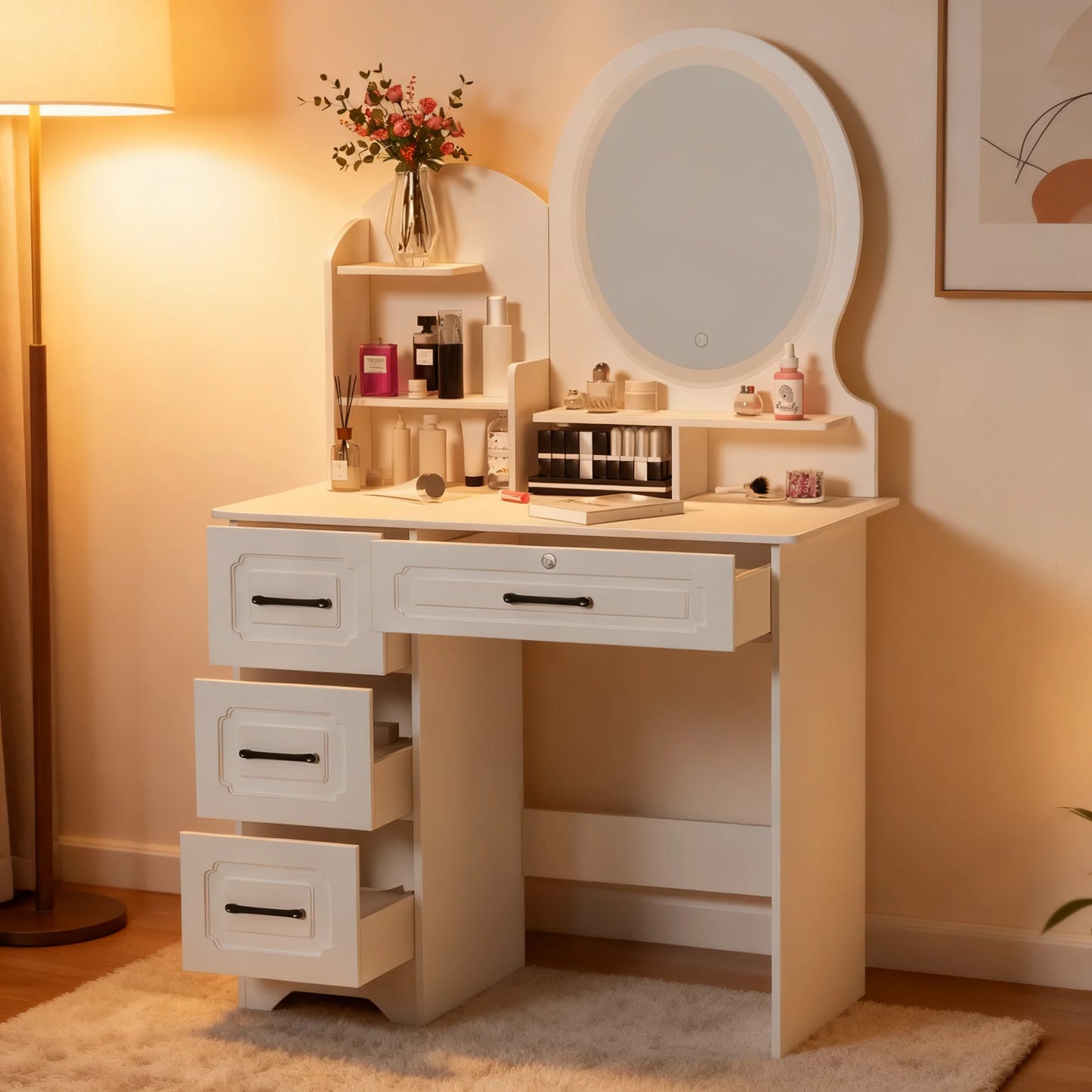 Modern Makeup Vanity Table With Mirror And Lights 4 Drawer