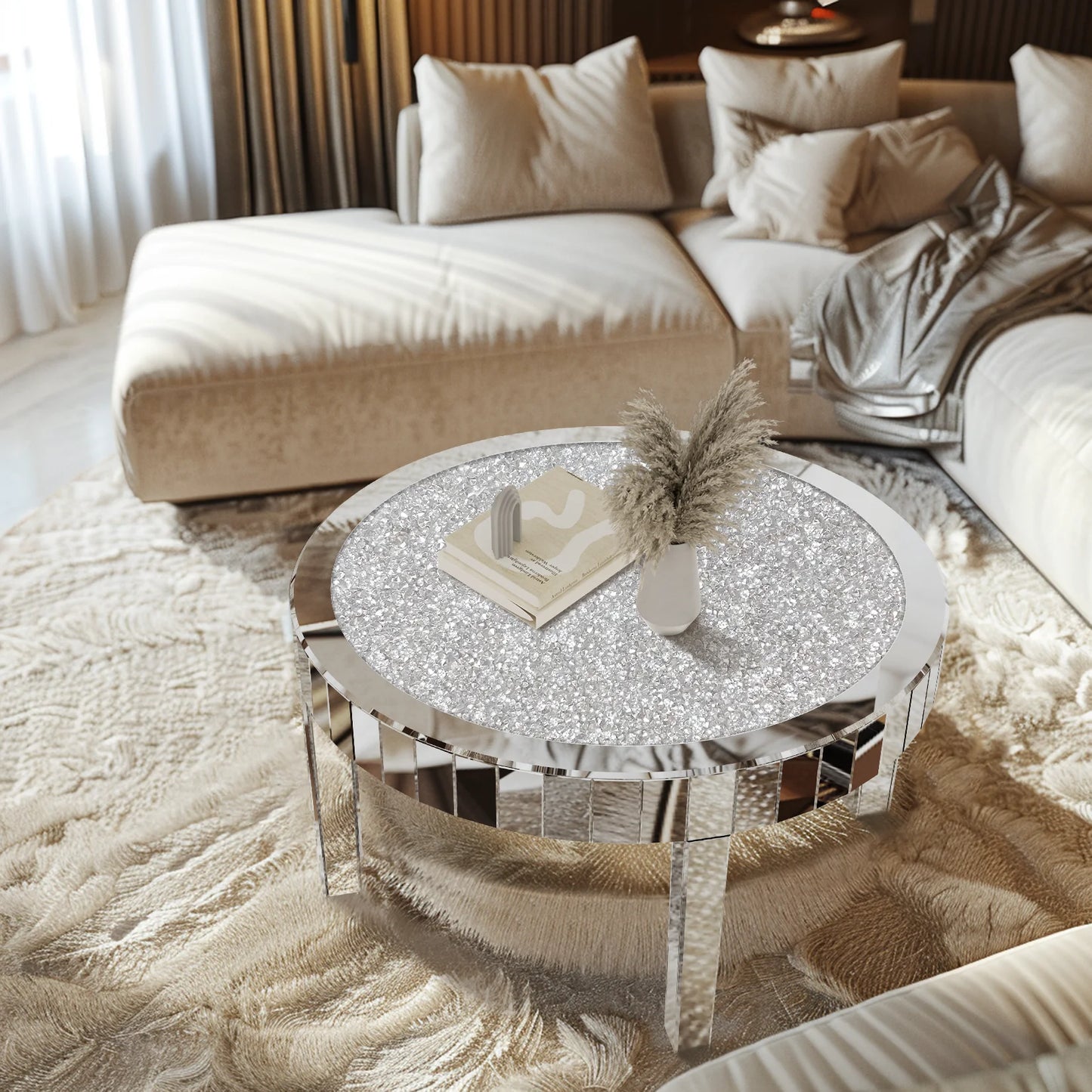 Mirrored Coffee Table With Crystal Inlay Modern Round Living Room