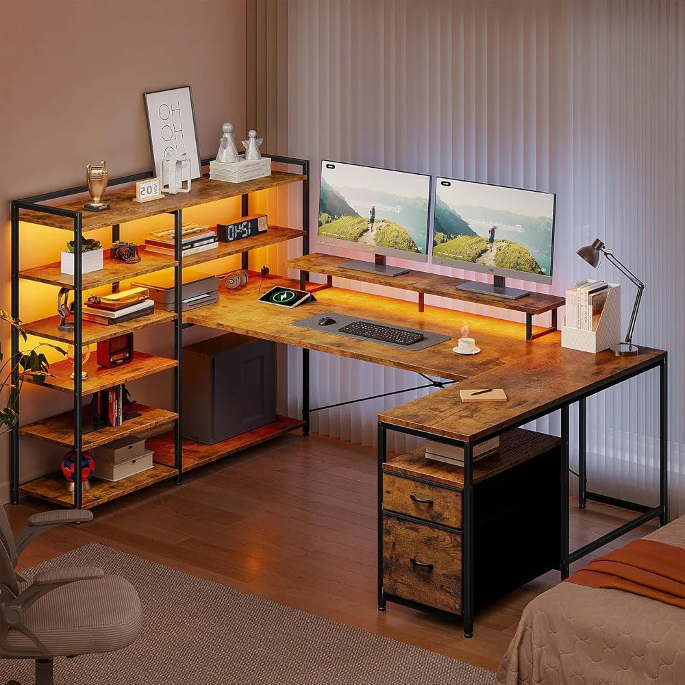 L Shaped Desk With Monitor Stand And Storage Shelves