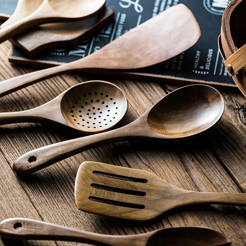 KEMORELA 9Pcs Wooden Spoons Set With Teak Kitchen Utensils Holder