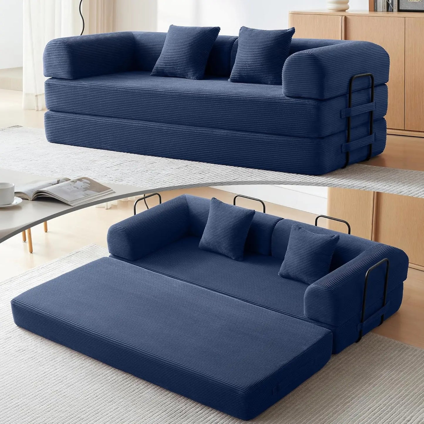 OIMG Corduroy Sleeper Sofa Bed With Fixed Frame And Mattress