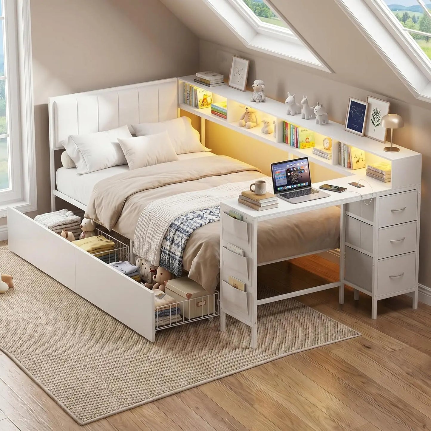 Corner Bed Frame With Storage And LED Lights Charging Station