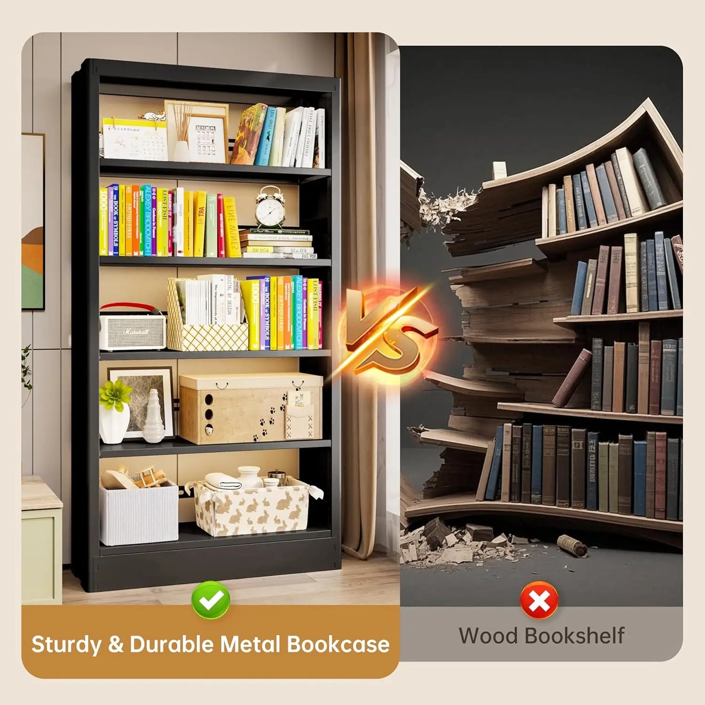 Five Tier Bookcase With Adjustable Shelves Heavy Duty Wood Bookshelf