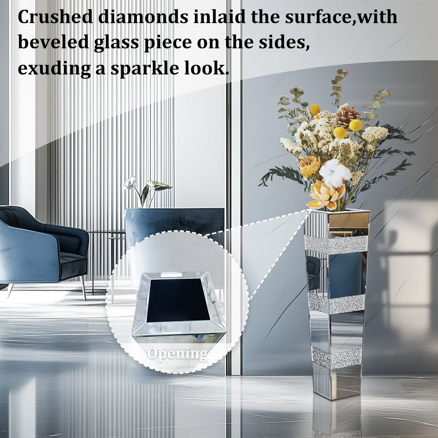 Mirrored Crystal Glass Tall Floor Vase With Diamond Accents Decor