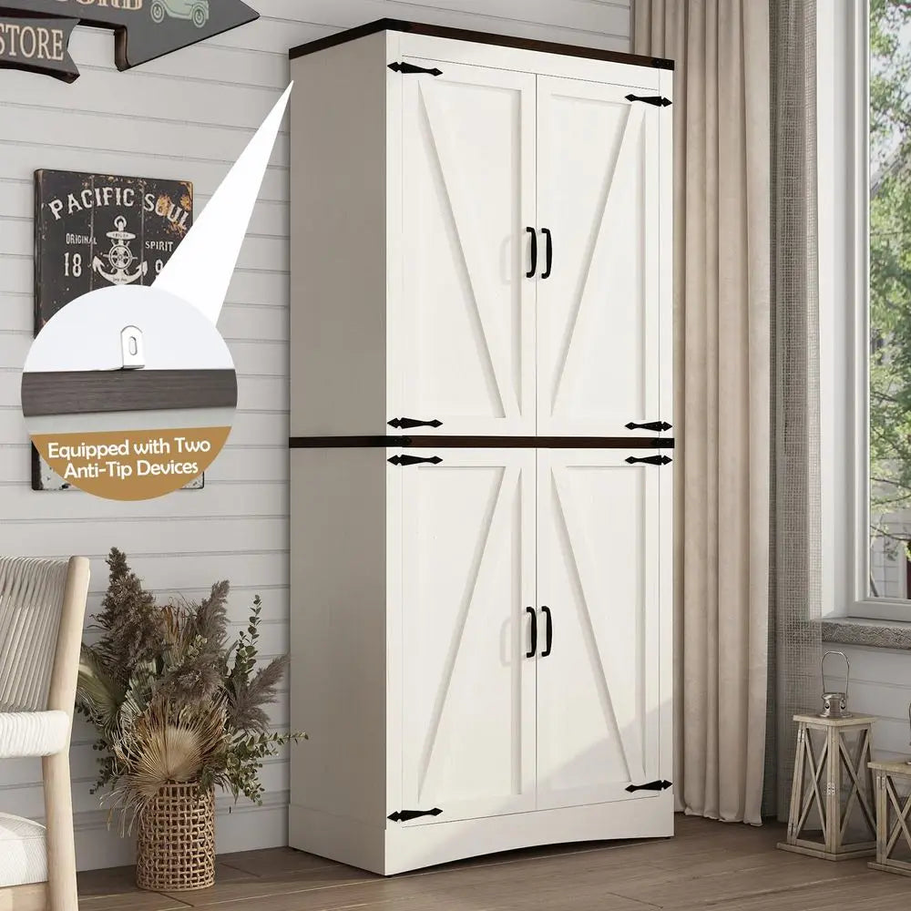 Farmhouse Kitchen Pantry Cabinet With Four Doors And Adjustable Shelves