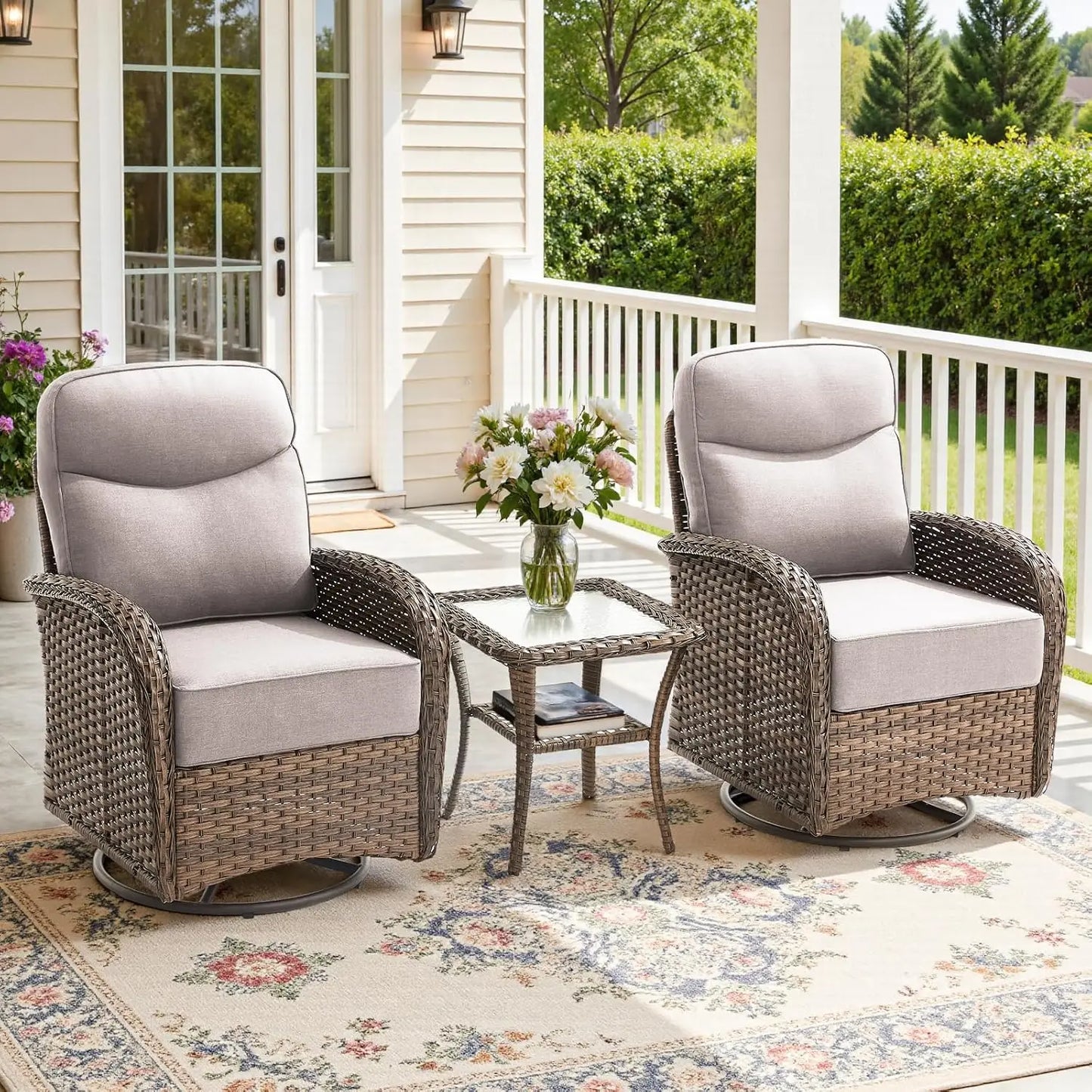 Luxurious 3 Piece Patio Conversation Set With Cushions And Swivel Rockers