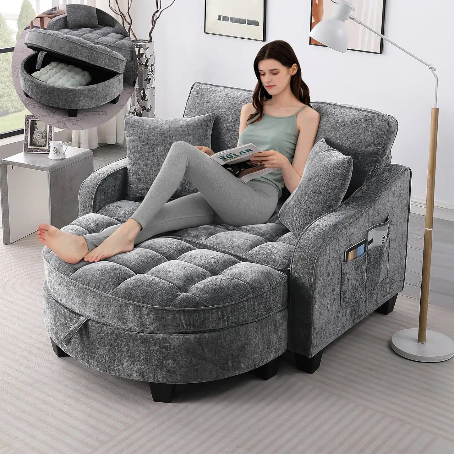 Oversized Curved Chaise Lounge Chair With Ottoman Indoor Soft Chenille