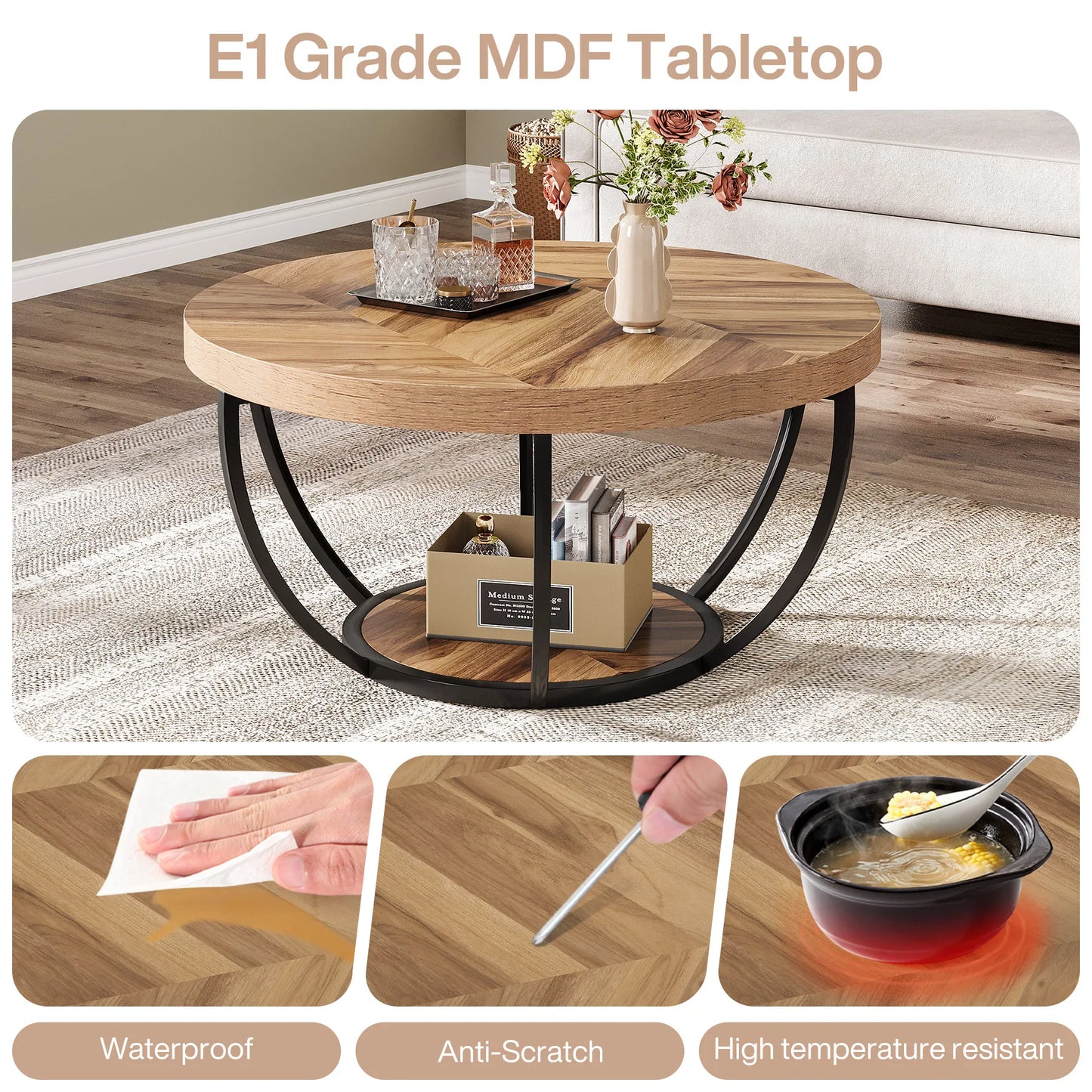 Tribesigns Round Coffee Table Industrial 2 Tier With Storage Shelves
