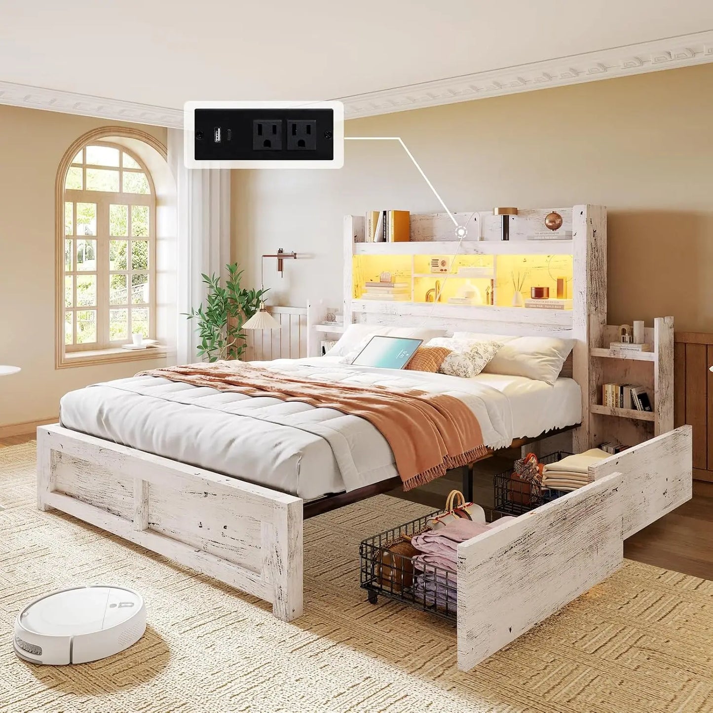 Bed Frame With Bookcase Headboard Farmhouse Wood Detachable Storage Drawers