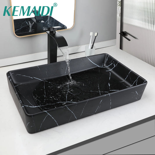 KEMAIDI Rectangular Ceramic Bathroom Vessel Sink With Faucet Set
