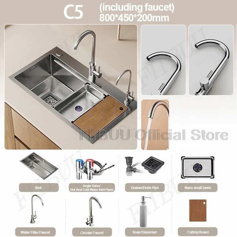 Slofy 304 Stainless Steel Kitchen Sink Undercounter Topmount Single Bowl Faucet