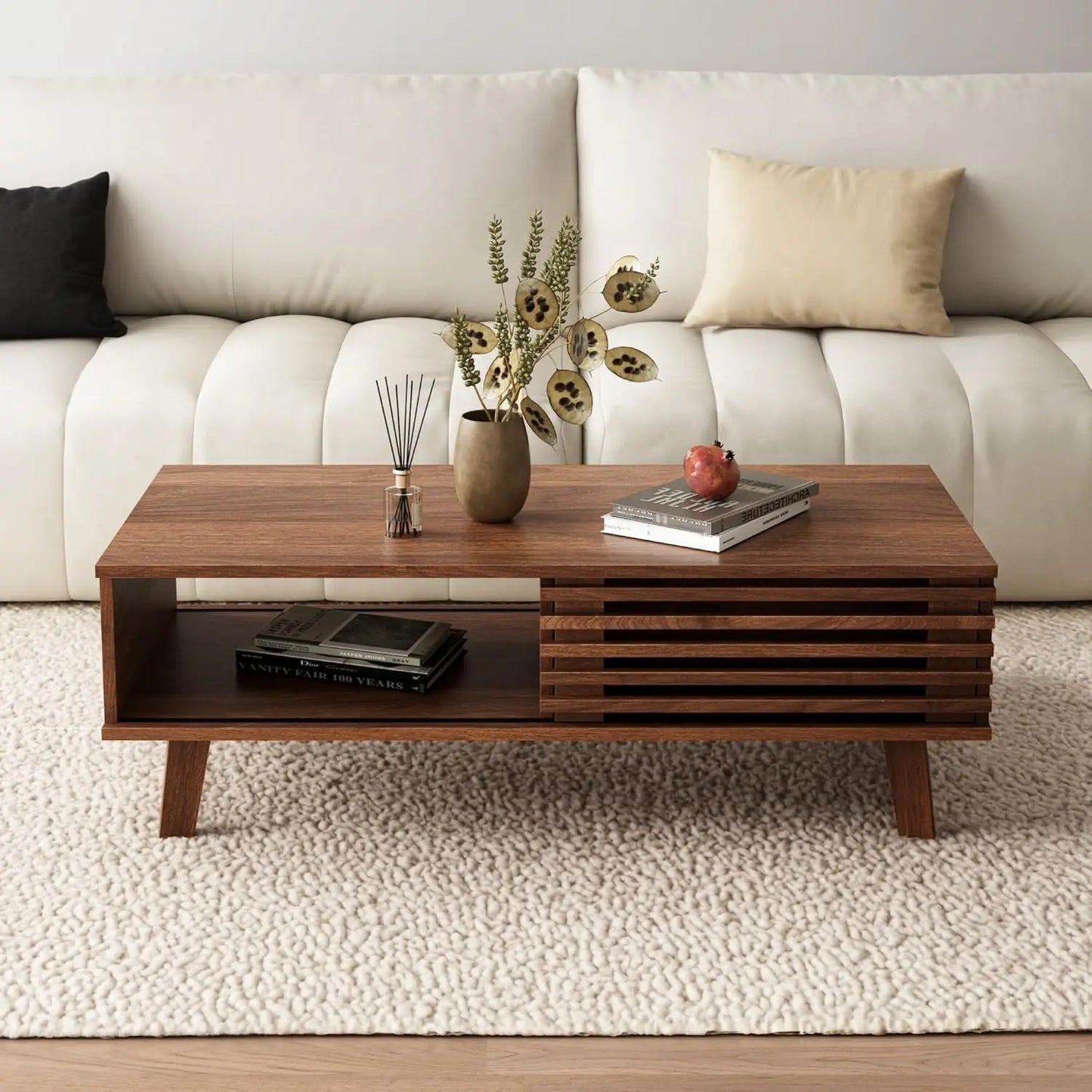 MOYU Mid Century Coffee Table With Storage And Sliding Door