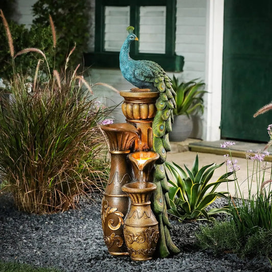 Resin Peacock Water Fountain With LED Urns For Garden