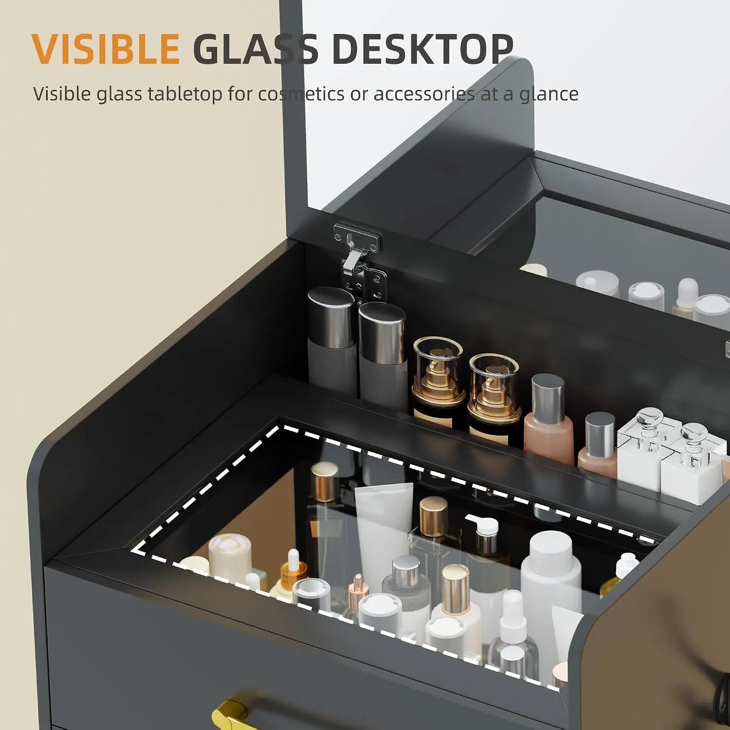 3-in-1 Vanity Desk With Flip Mirror Glass Desktop Premium