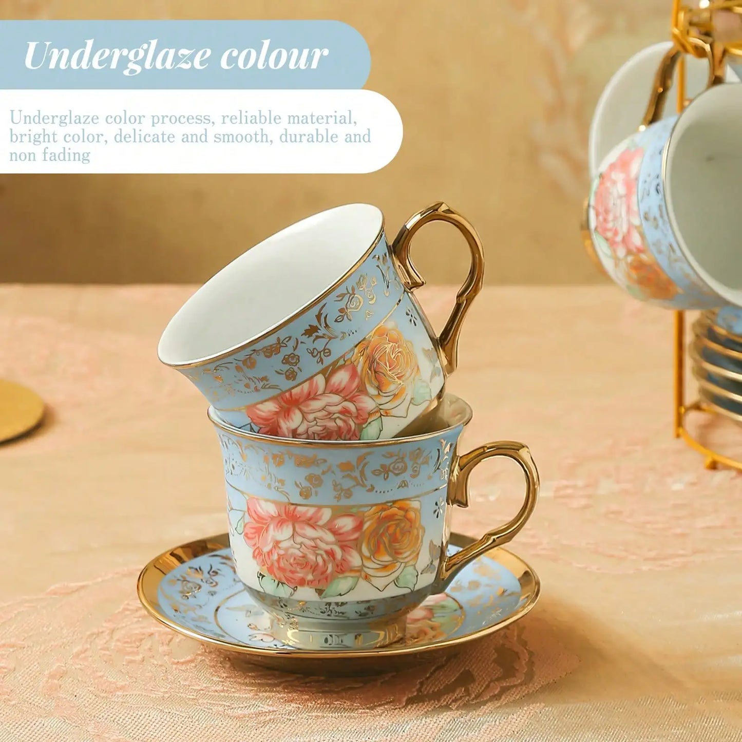 Porcelain Tea Set With Metal Holder And Gold Floral Pattern