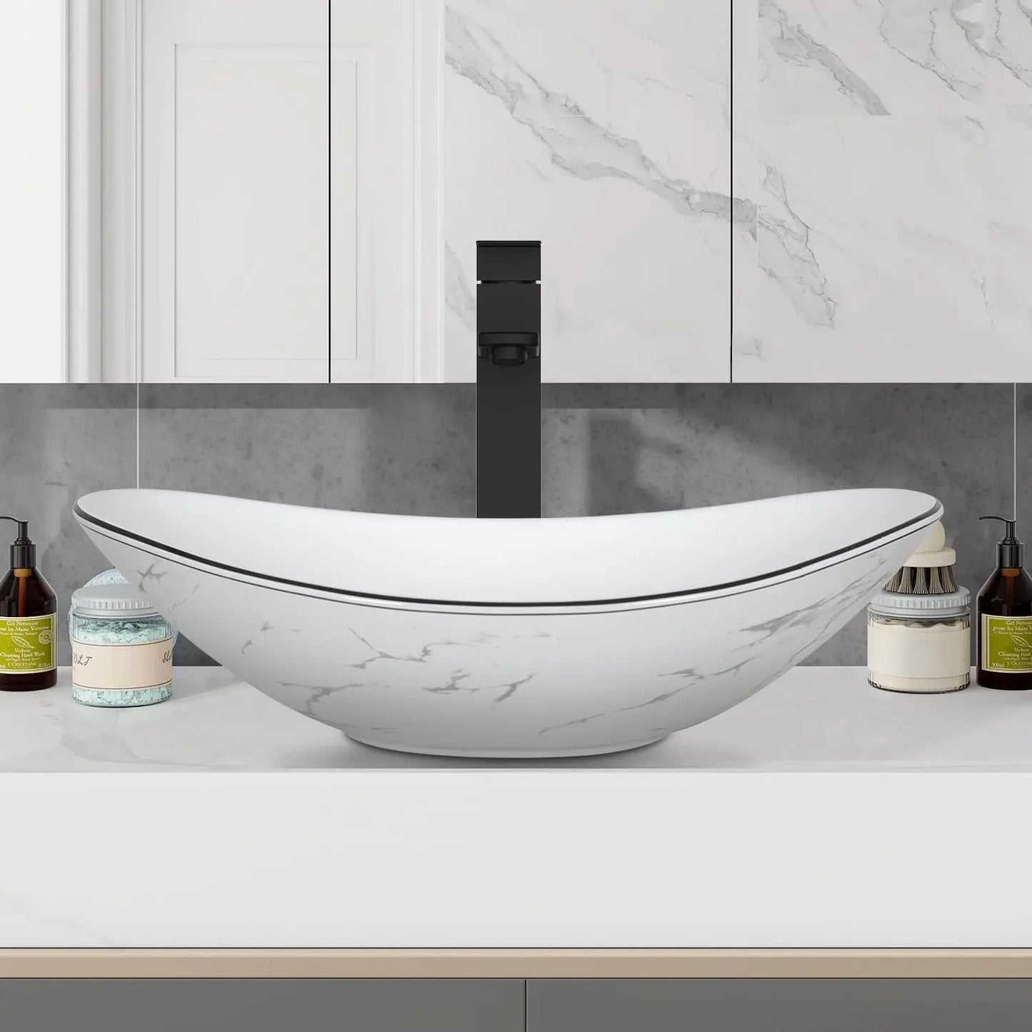 Minimalist Bathroom Vanity With Marble Texture And Ceramic Sink