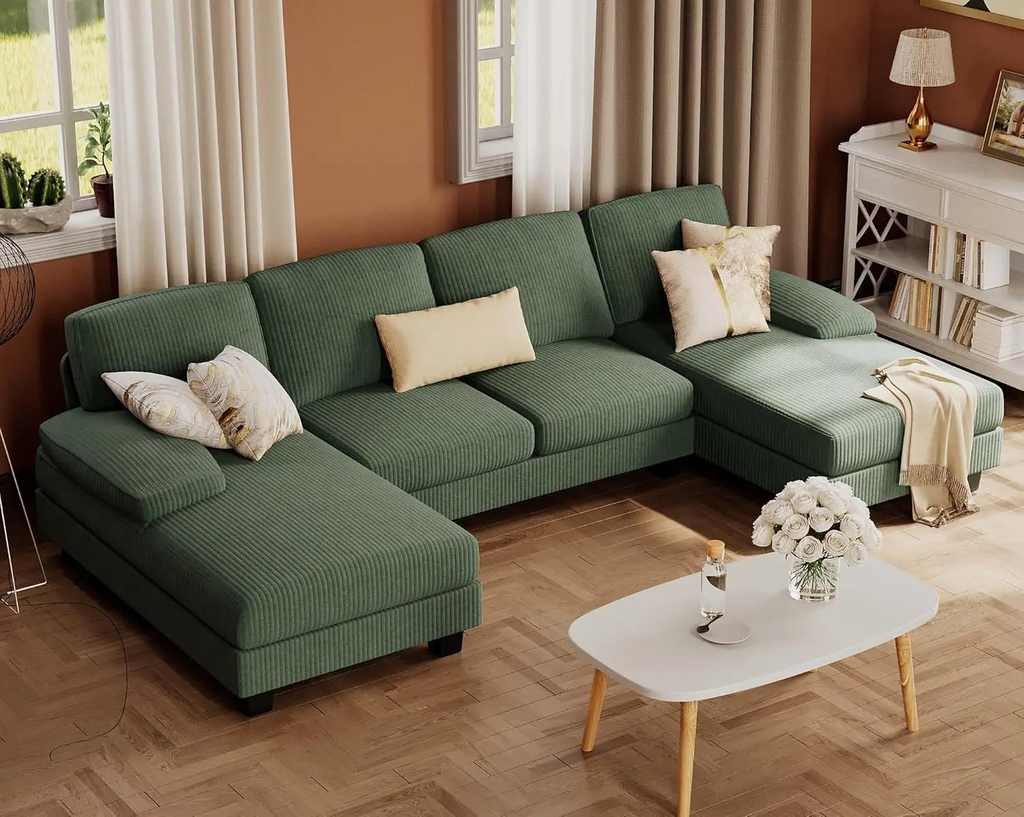 Combination U Shaped Sectional Sofa Linen Fabric Chaise 4 Seat
