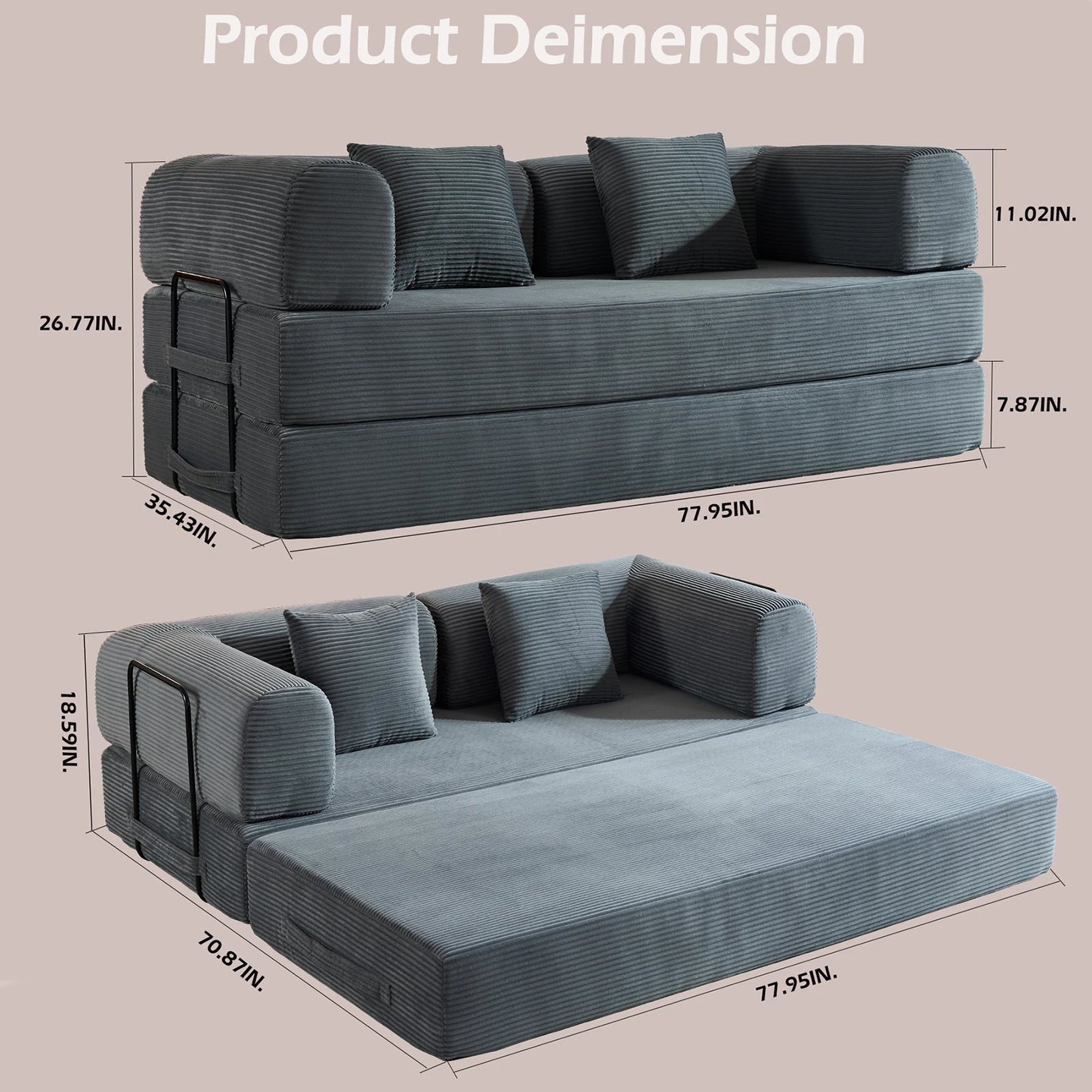 THOLASIS Folding Sofa Bed Corduroy Futon For Small Spaces