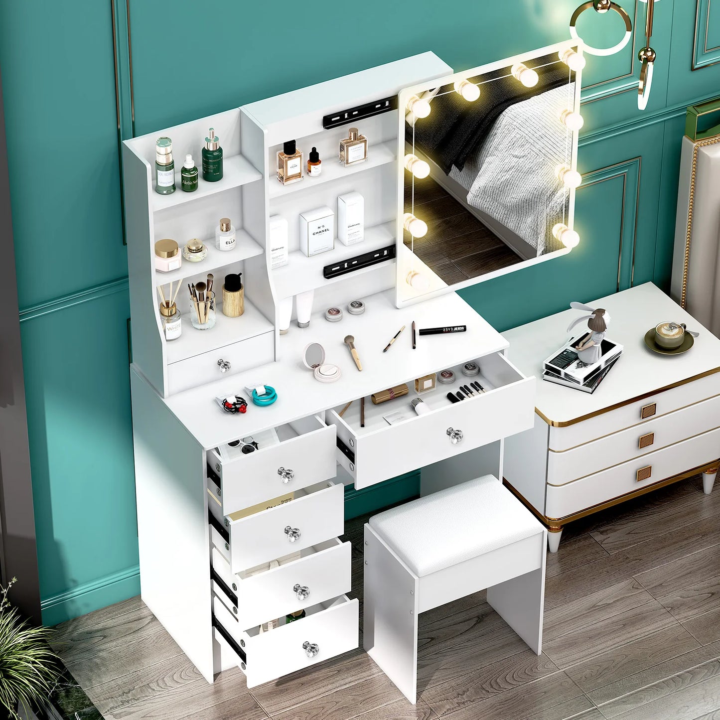 Teousev LED Makeup Vanity Set With Sliding Mirror And Storage