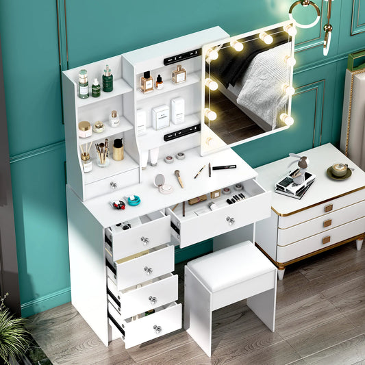 Teousev LED Makeup Vanity Set With Sliding Mirror And Storage