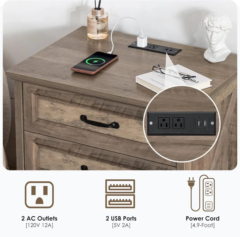 Farmhouse Nightstand With Charging Station USB And AC Ports