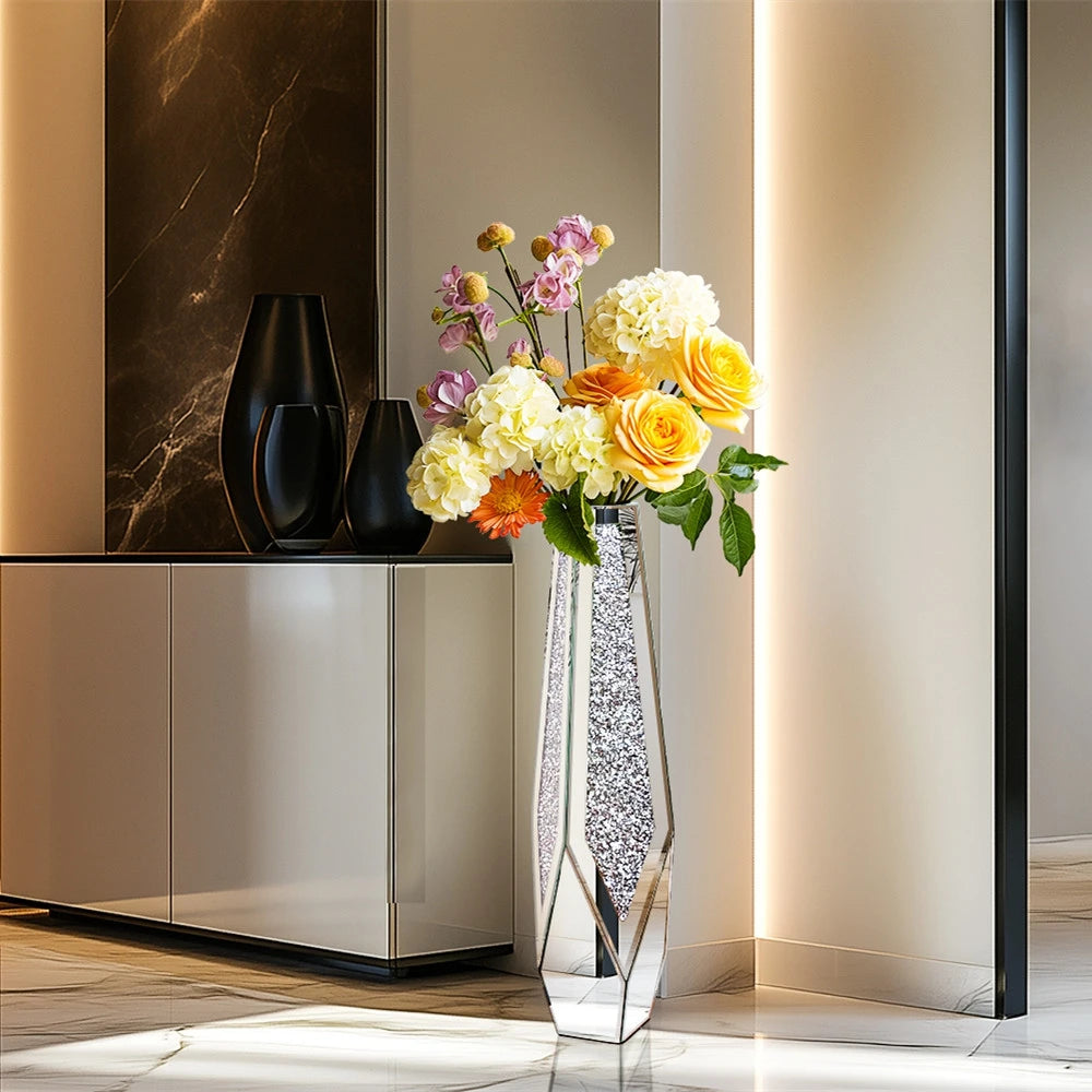 Crushed Diamond Mirrored Flower Vase Floor Standing Modern Decor