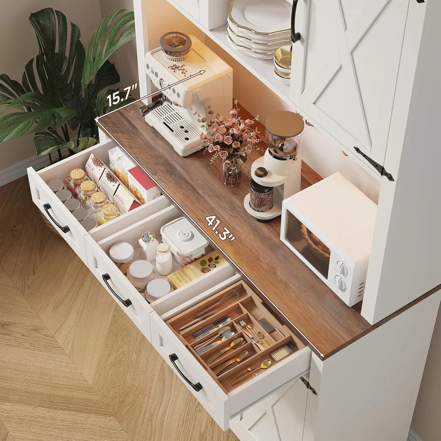 Tall Farmhouse Pantry Cabinet With LED Light And Charging Station