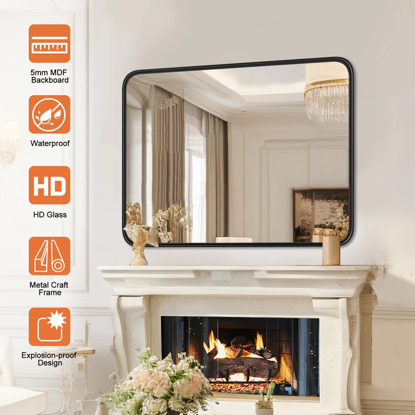 JHK Matte Metal Framed Rectangular Bathroom Mirror Wall Mounted