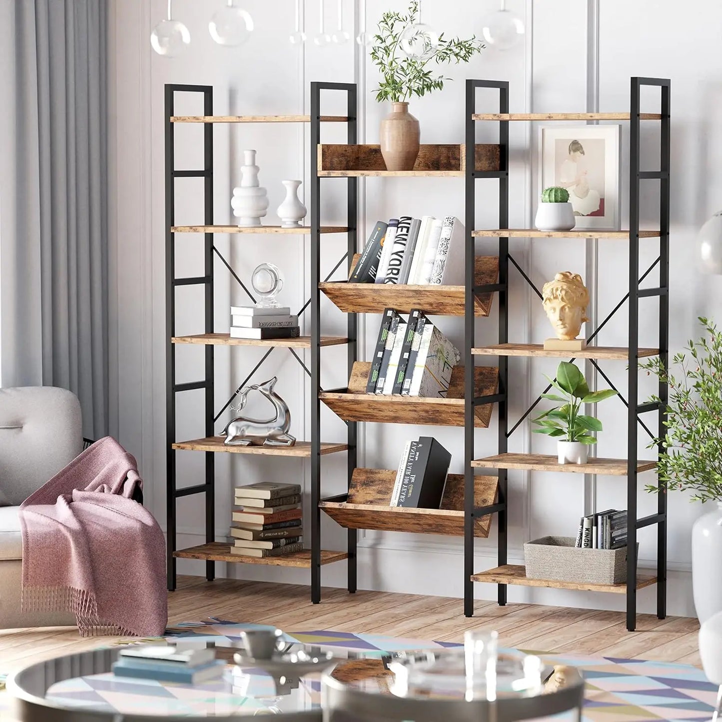 Wood Bookcase With Baffles 5 Tier Bookshelf Organizer
