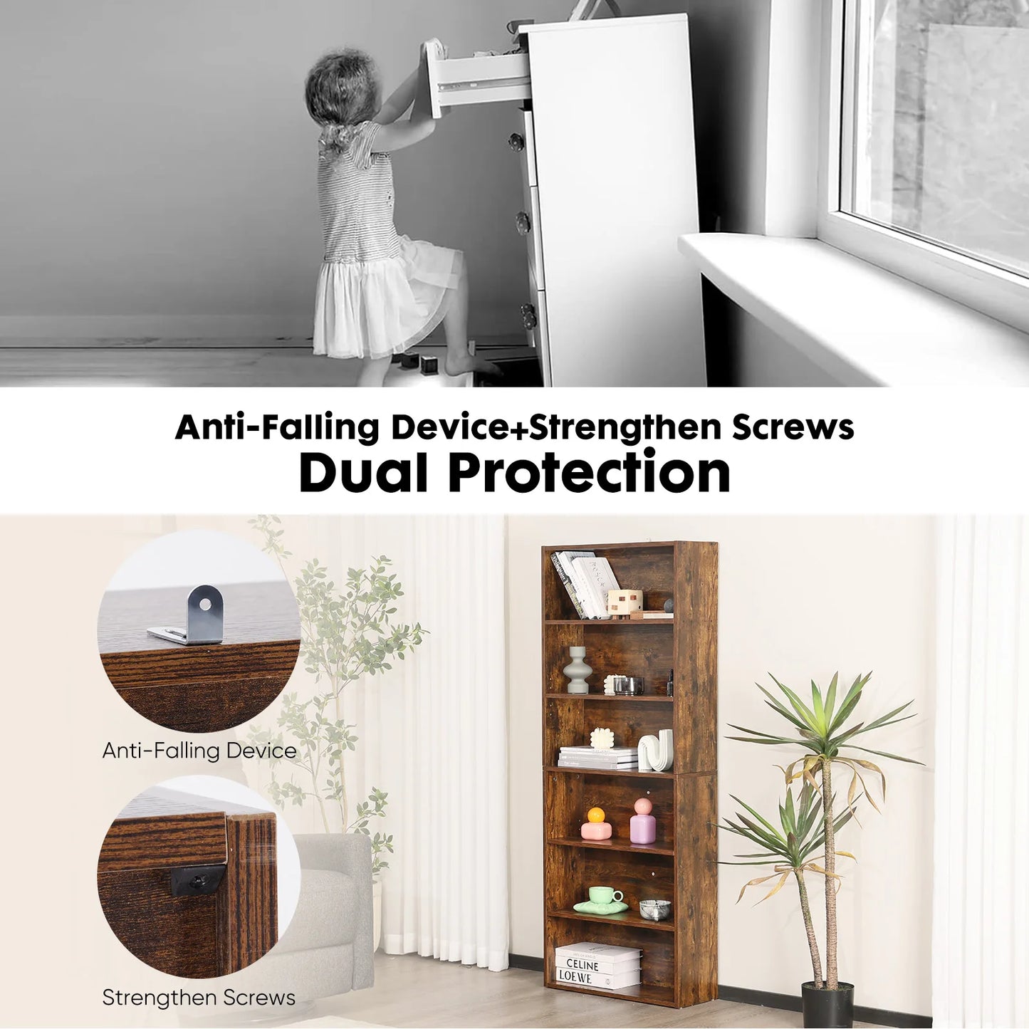 JHK 6 Tier Wooden Shelf Bookcase Floor Standing Storage Unit