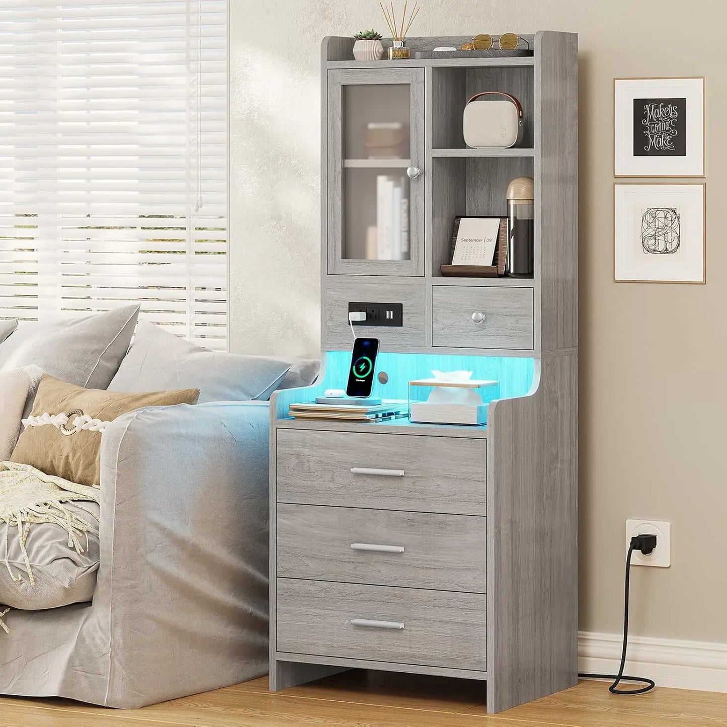 Frame Nightstand Set Of 2 With Charging Station And Bookshelf