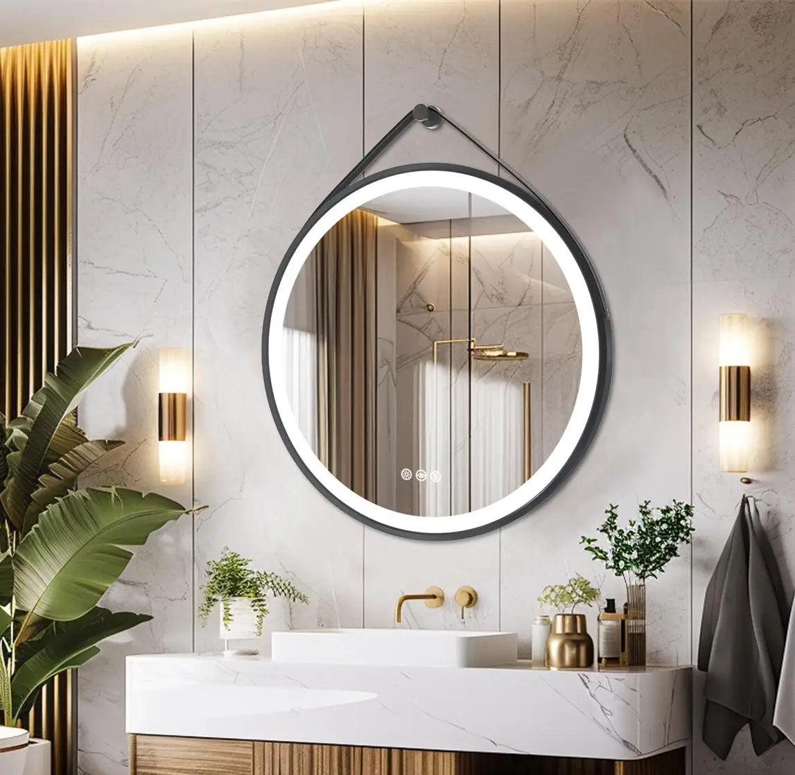 Round LED Bathroom Mirror Wall Hanging Frontlit Vanity Makeup Mirror Anti Fog